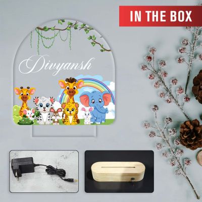 Personalized Cute Animal Theme LED Night Lamp with Warm White Light & Wooden Stand Jungle Safari Animals Light Kids Room Bedside Lamp Gift for Kids Boy & Girls Birthday Return Gift